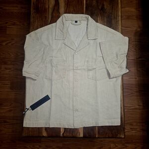 Beige Short Sleeve Button-Up Shirt